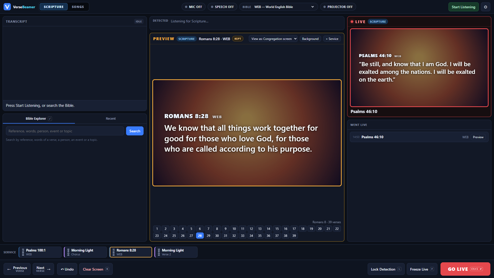 The VerseBeamer operator console with Romans 8:28 in Preview and Psalm 46:10 on Live, both in the World English Bible.